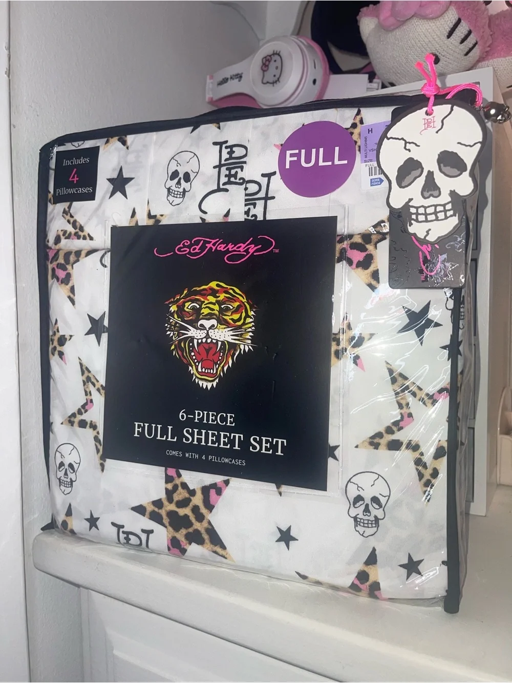 NWT Ed Hardy Full Sheet Set - White with Leopard Star & Black Skull Accents
